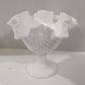Vintage Fenton Hobnail Milk Glass Compote Pedestal Candy Dish with Ruffled Edges